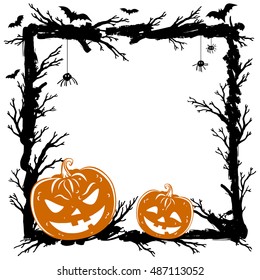 Abstract background with pumpkins, black spiders and bats. Halloween Party template. Vector