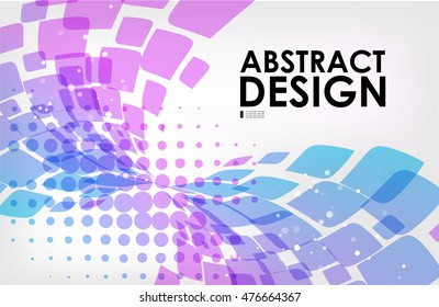 Abstract background, purple and blue geometric elements on white, petals and halftone pattern