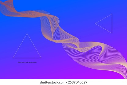 Abstrakter Hintergrund mit violettem und blauem Farbverlauf, hervorgehoben durch fließende goldene Wellenlinien und dreieckige geometrische Formen. Perfekt für Technik, Design und kreative Projekte