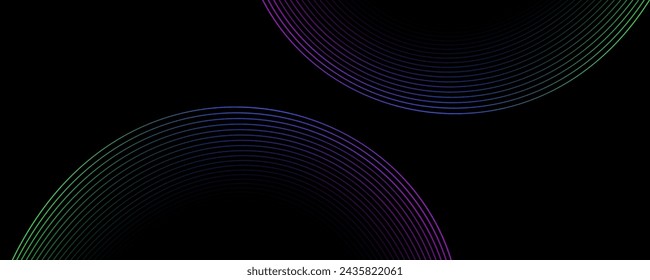 Abstract background with purple blue and green glowing geometric curve circle lines, modern minimal trendy shiny purple blue lines pattern