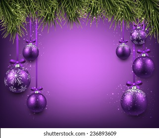 Abstract background with purple christmas balls. Vector illustration. 