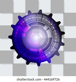 Abstract background. Purple cogwheels on checkered background. Vector illustration.