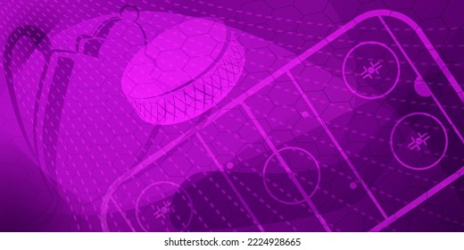 Abstract background in purple colors with different hockey symbols such as puck, stick, ice rink, cup