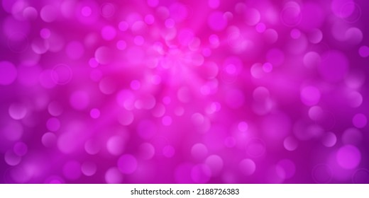 Abstract background in purple colors with diverging rays of light and small translucent circles with bokeh effect