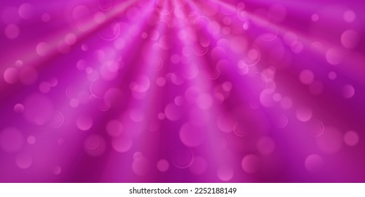Abstract background in purple colors with diverging rays of light and small translucent circles with bokeh effect