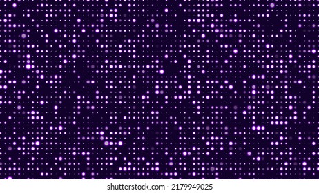 Abstract background with purple glowing dots. Grid of blinking dots. The flow of scientific data in cyberspace. Big data visualization. Vector illustration.