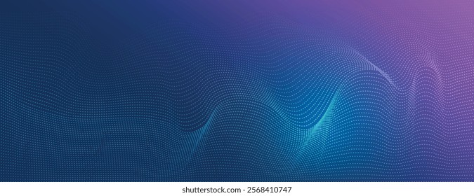 Abstract background with a purple gradient. The background has a dotted texture with flowing wave patterns. Blue and purple tones. Neon glow halftone pattern background. Blue background vector.