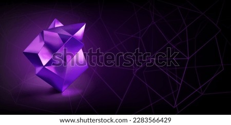 Abstract background with a purple low-poly 3d object in the form of a polyhedron and a outlines of geometric shapes on a dark background
