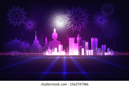 Abstract background with purple neon grids city silhouette temple and buddha statue in vintage style.Can be used for workflow layout, diagram, web design, banner template. Vector illustration