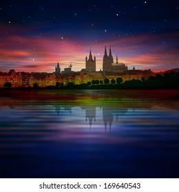 abstract background with purple sunset and silhouette of Koln