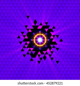 Abstract background with purple triangles and bright flash inside. Vector illustration.
