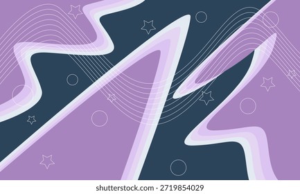 Fundo abstrato com roxo, linhas brancas, estrelas e círculos.