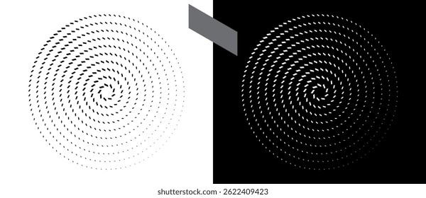 Abstract background with quadrangles in circle. Art design spiral as logo or icon. A black figure on a white background and an equally white figure on the black side.