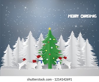 Abstract background with Rabbit family in forest with snow in the winter season and Merry Christmas concept ,Paper art and Illustration