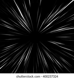 Abstract background with radial, radiating, converging lines. Explosion, warp, zoom effect. monochrome, black and white version