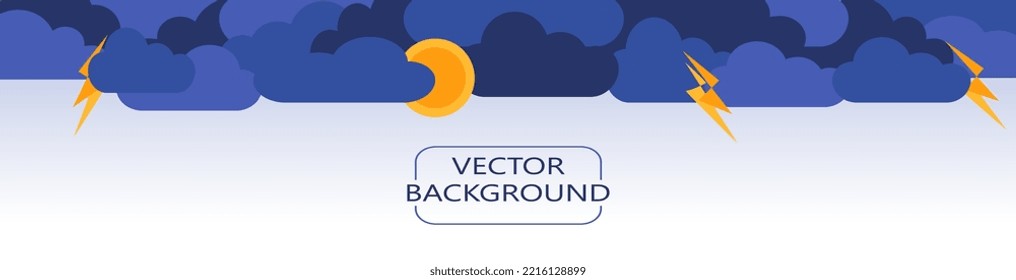 Abstract background with rain clouds, thunderbolts and sun. Monsoon season banner. Rainy weather backdrop. Flat style web template vector illustration