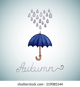 Abstract background with rain drops and blue umbrella. Watercolor paint. Autumn theme. Can be used for card, invitation or some text.