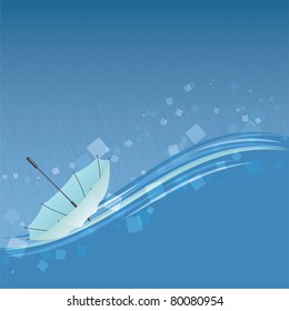 Abstract background with rain and light blue umbrella.