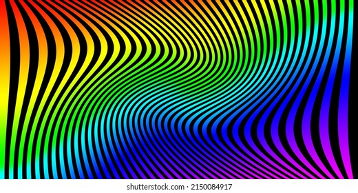 Abstract background with rainbow colored striped zebra, futuristic waves. Optical illusion. Vector geometrical landscape art illustration. Psychedelia toxic twirl art