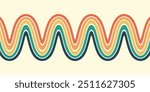 Abstract background of rainbow groovy Wavy Line design in 1970s Hippie Retro style. Vector pattern ready to use for cloth, textile, wrap and other.