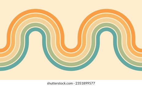 Abstract background of rainbow groovy Wavy Lines design in 1970s Hippie Retro style. Vector pattern ready to use for cloth, textile, wrap and other.