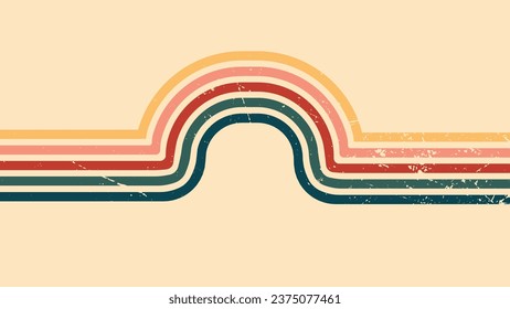 Abstrakter Hintergrund des Regenbogen-Groovy Wavy Line Design in den 1970er Jahren Hippie Vintage Retro Stil. Old Vintage Retro Hintergrund, Vektormuster, Vektor Vintage Muster, Vintage 70er Jahre bunter Linienhintergrund