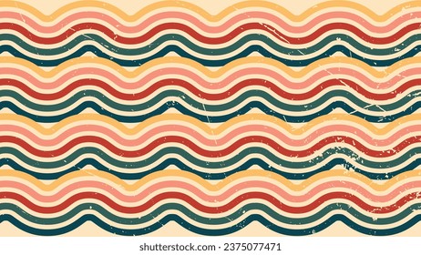 Abstract background of rainbow groovy Wavy Line design in 1970s Hippie Vintage Retro style. Old Vintage Retro background, Vector pattern, Vector vintage pattern, Vintage 70s colorful lines background