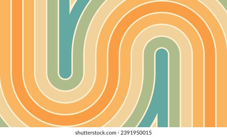 Abstract background of rainbow groovy Wavy Lines design in 1970s Hippie Retro style. Vector pattern ready to use for cloth, textile, wrap and other.