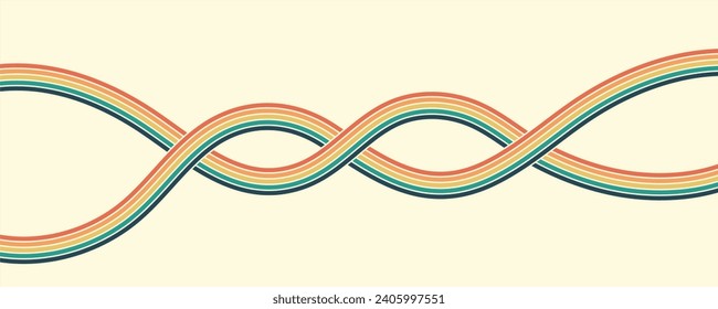 Abstract background of rainbow groovy Wavy Line design in 1970s Hippie Retro style. Vector pattern ready to use for cloth, textile, wrap and other.