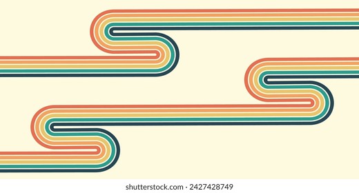 Abstract background of rainbow groovy Wavy Line design in 1970s Hippie Retro style. Vector pattern ready to use for cloth, textile, wrap and other.