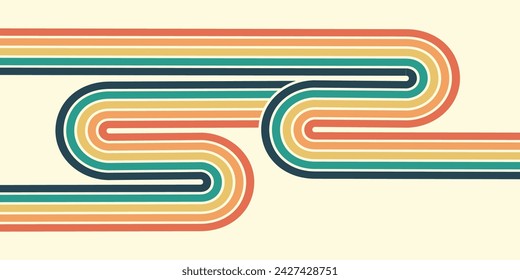 Abstract background of rainbow groovy Wavy Line design in 1970s Hippie Retro style. Vector pattern ready to use for cloth, textile, wrap and other.