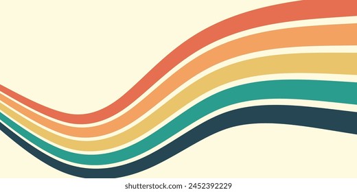 Abstract background of rainbow groovy Wavy Line design in 1970s Hippie Retro style. Vector pattern ready to use for cloth, textile, wrap and other.