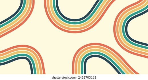 Abstract background of rainbow groovy Wavy Line design in 1970s Hippie Retro style. Vector pattern ready to use for cloth, textile, wrap and other.