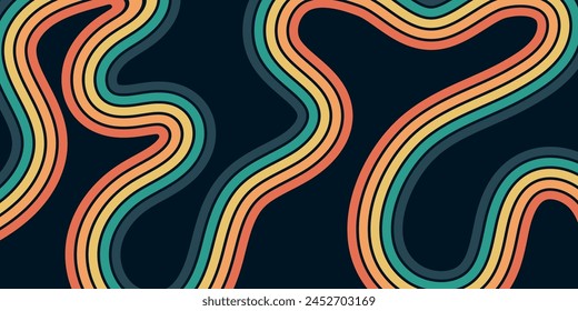 Abstract background of rainbow groovy Wavy Line design in 1970s Hippie Retro style. Vector pattern ready to use for cloth, textile, wrap and other.