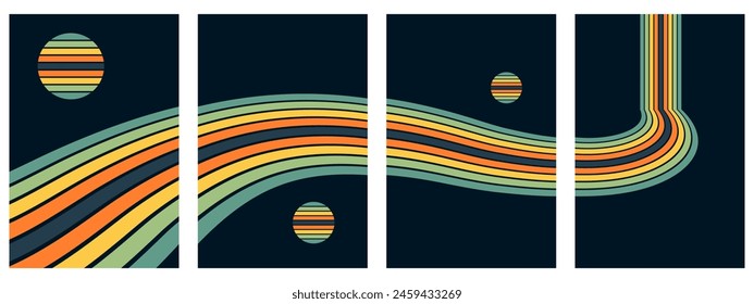 Abstract background of rainbow groovy Wavy Line design in 1970s Hippie Retro style. Vector pattern ready to use for cloth, textile, wrap and other.