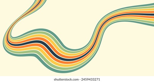 Abstract background of rainbow groovy Wavy Line design in 1970s Hippie Retro style. Vector pattern ready to use for cloth, textile, wrap and other.