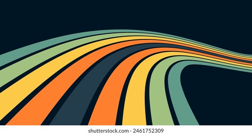 Abstrakter Hintergrund des Regenbogen-groovigen Wavy-Line-Designs im Hippie-Retro-Stil der 1970er Jahre. Vektorgrafik Muster bereit für Stoff, Textil, Wrap und andere.