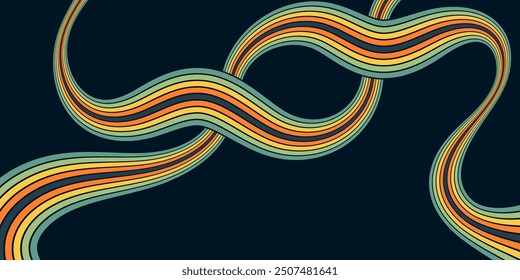 Abstract background of rainbow groovy Wavy Line design in 1970s Hippie Retro style. Vector pattern ready to use for cloth, textile, wrap and other.