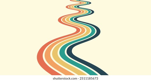 Abstract background of rainbow groovy Wavy Line design in 1970s Hippie Retro style. Vector pattern ready to use for cloth, textile, wrap and other.