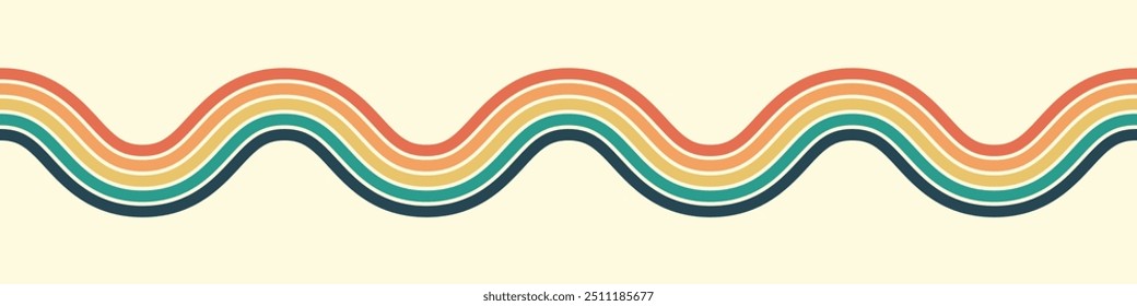 Fondo Abstractas de diseño de línea ondulada groovy arco iris en estilo Hippie Retro de la década de 1970. Patrón de Vector listo para usar para tela, textil, abrigo y otros.