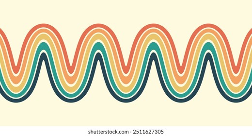 Abstract background of rainbow groovy Wavy Line design in 1970s Hippie Retro style. Vector pattern ready to use for cloth, textile, wrap and other.