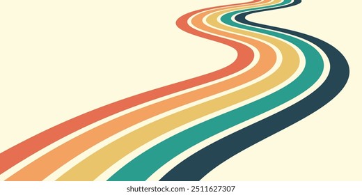 Abstract background of rainbow groovy Wavy Line design in 1970s Hippie Retro style. Vector pattern ready to use for cloth, textile, wrap and other.