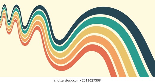 Fundo abstrato do arco-íris groovy Wavy Line design em 1970 estilo Hippie Retro. Padrão de vetor pronto para usar para tecido, tecido, envoltório e outros.