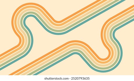 Abstract background of rainbow groovy Wavy Lines design in 1970s Hippie Retro style. Vector pattern ready to use for cloth, textile, wrap and other.