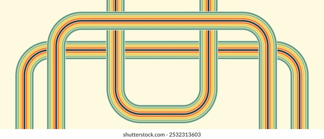 Abstract background of rainbow groovy Wavy Line design in 1970s Hippie Retro style. Vector pattern ready to use for cloth, textile, wrap and other.
