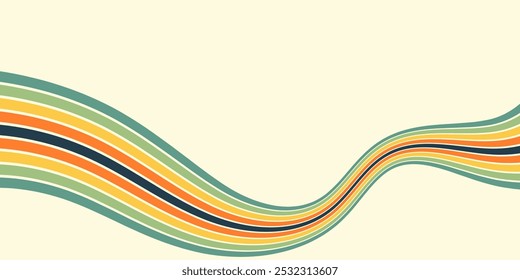 Abstract background of rainbow groovy Wavy Line design in 1970s Hippie Retro style. Vector pattern ready to use for cloth, textile, wrap and other.