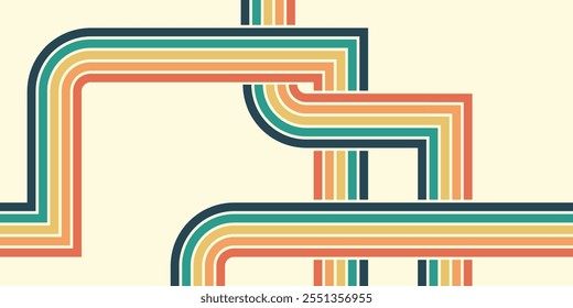 Abstract background of rainbow groovy Wavy Line design in 1970s Hippie Retro style. Vector pattern ready to use for cloth, textile, wrap and other.