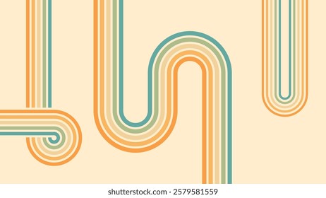 Abstract background of rainbow groovy Wavy Lines design in 1970s Hippie Retro style. Vector pattern ready to use for cloth, textile, wrap and other.