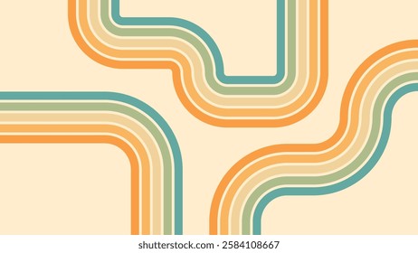 Abstract background of rainbow groovy Wavy Lines design in 1970s Hippie Retro style. Vector pattern ready to use for cloth, textile, wrap and other.