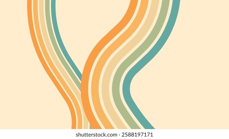 Abstract background of rainbow groovy Wavy Lines design in 1970s Hippie Retro style. Vector pattern ready to use for cloth, textile, wrap and other.